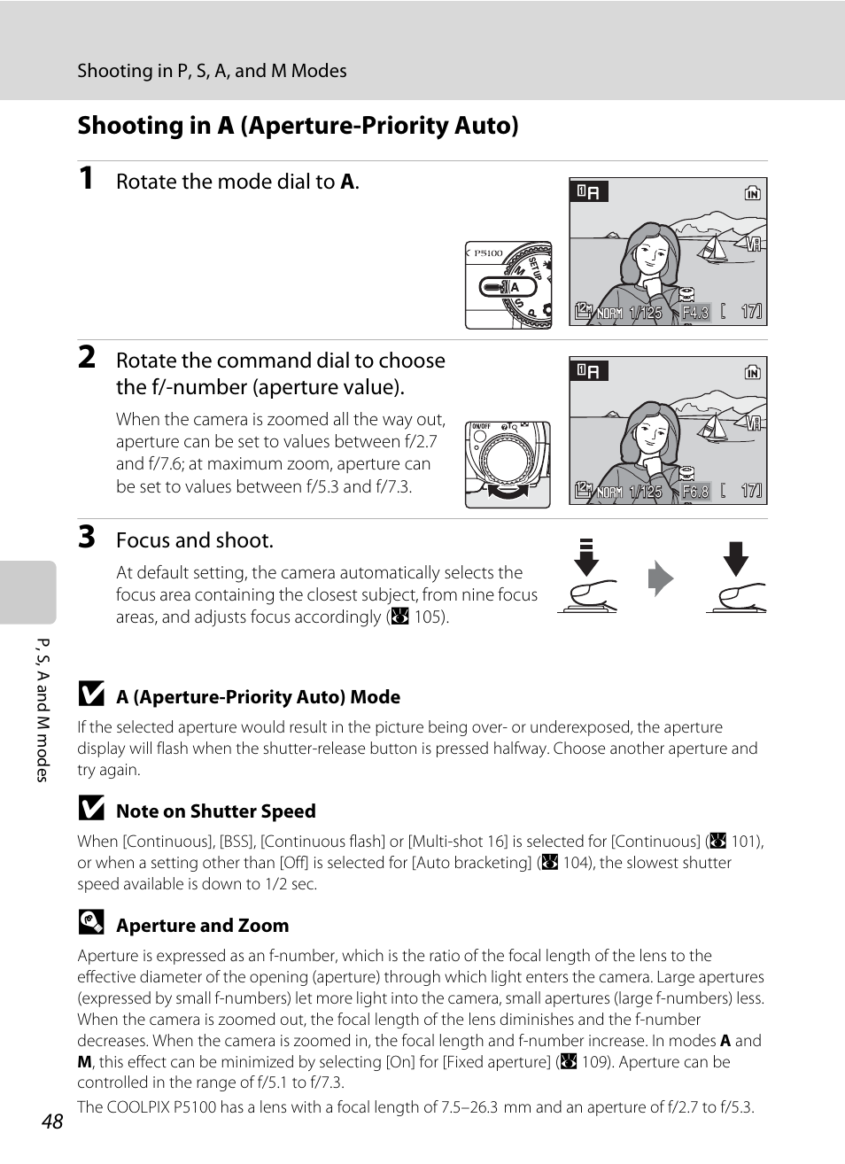 Shooting in a (aperture-priority auto), A 48) | Nikon P5100 User Manual | Page 62 / 176
