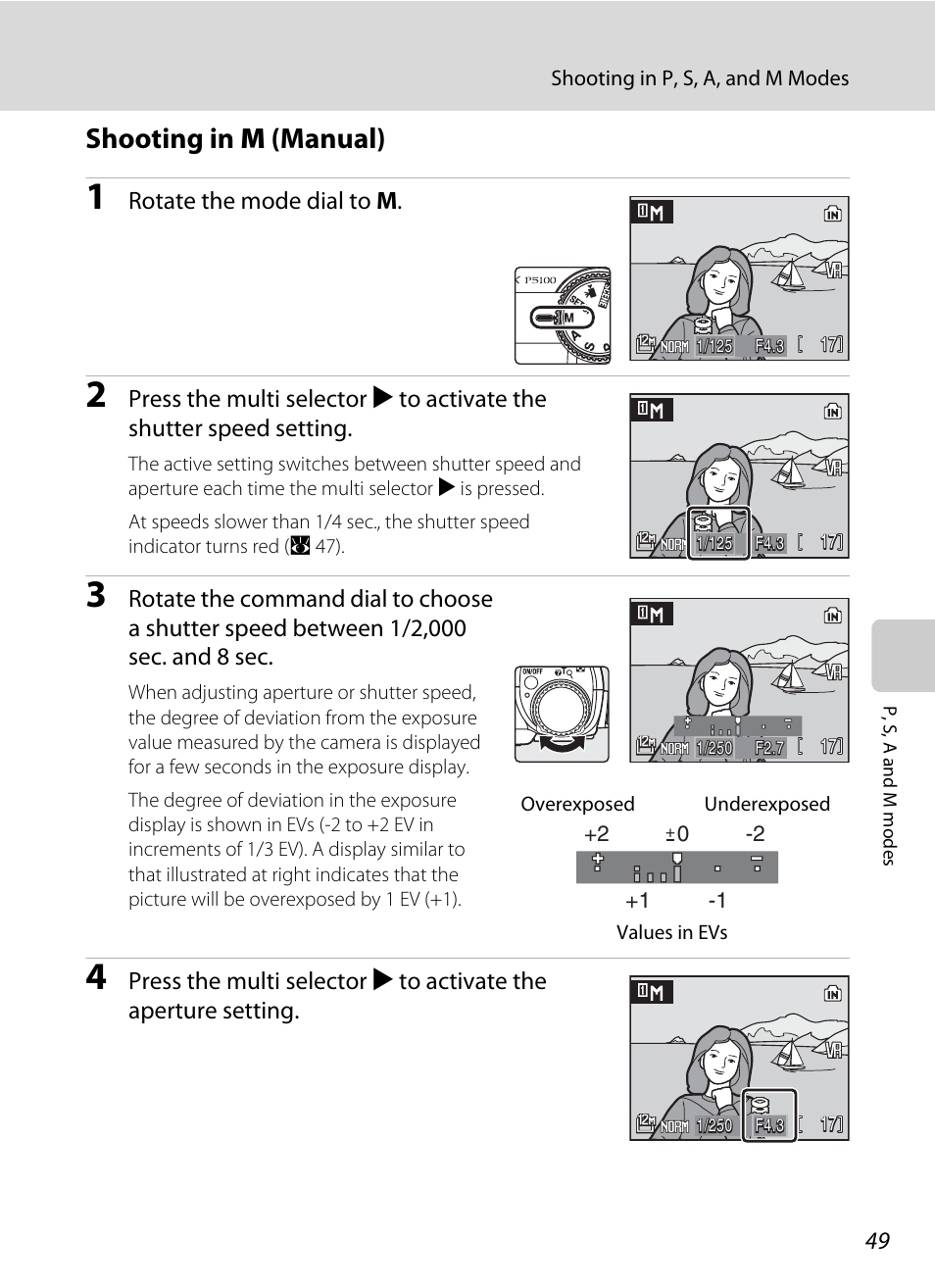 Shooting in m (manual), Nual, A 49 | Rotate the mode dial to m | Nikon P5100 User Manual | Page 63 / 176