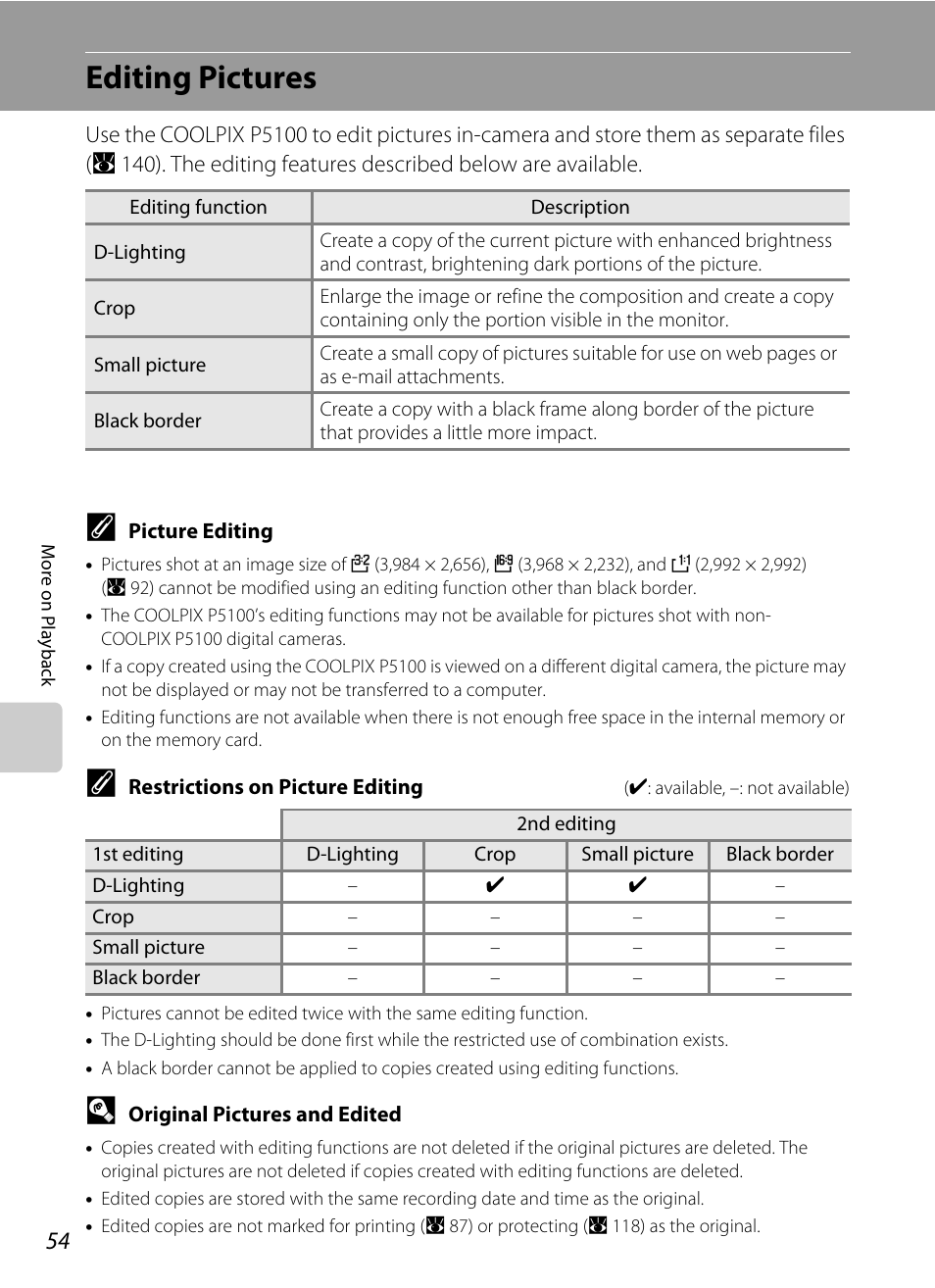 Editing pictures | Nikon P5100 User Manual | Page 68 / 176