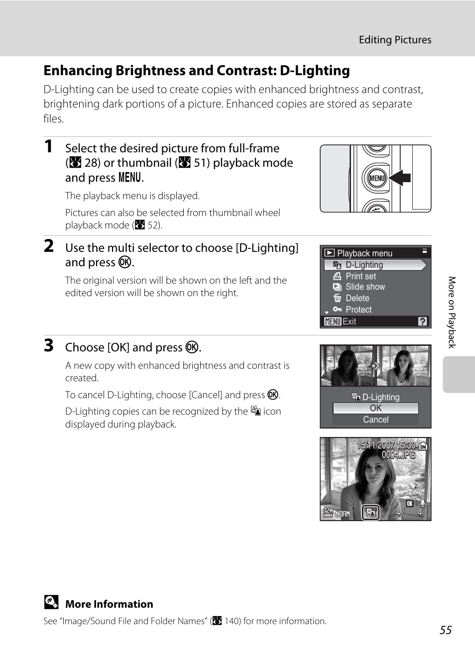 Enhancing brightness and contrast: d-lighting | Nikon P5100 User Manual | Page 69 / 176