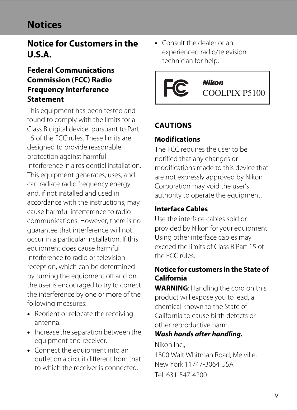Notices, Notice for customers in the u.s.a, Coolpix p5100 | Nikon P5100 User Manual | Page 7 / 176