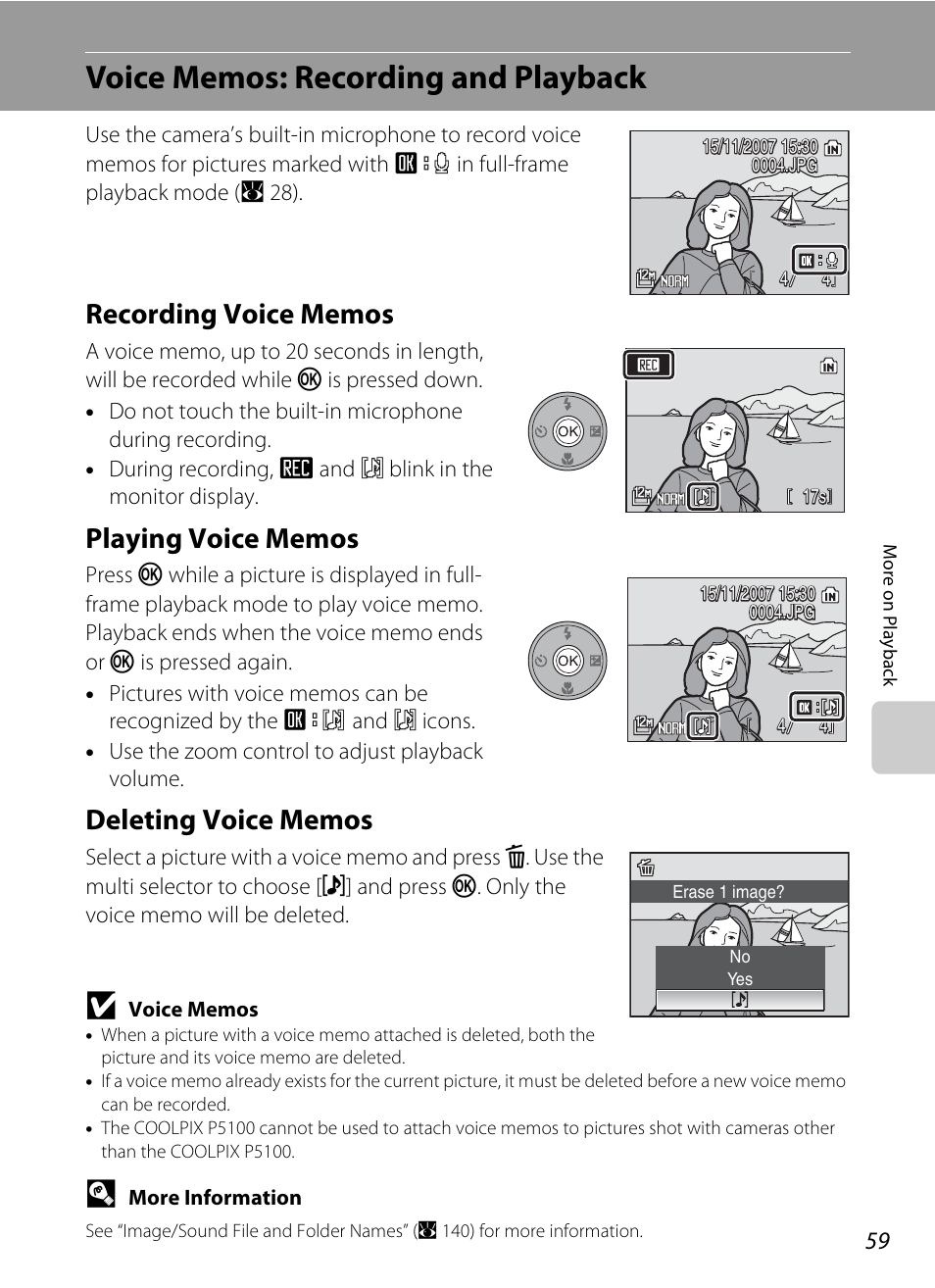 Voice memos: recording and playback | Nikon P5100 User Manual | Page 73 / 176