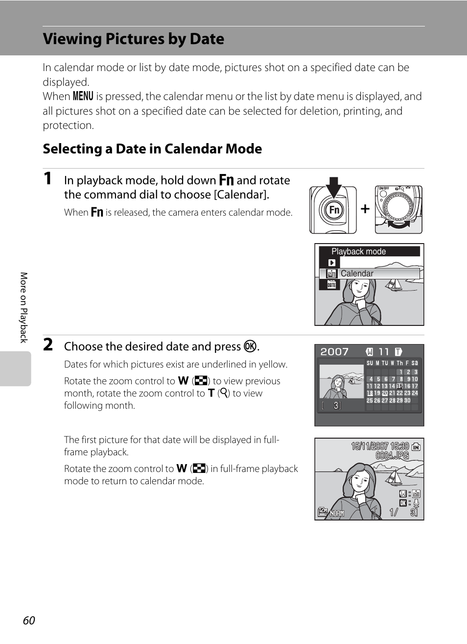 Viewing pictures by date, Selecting a date in calendar mode | Nikon P5100 User Manual | Page 74 / 176