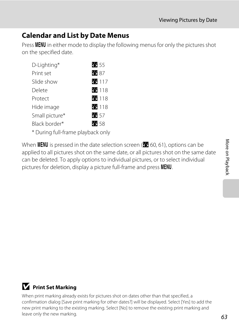 Calendar and list by date menus | Nikon P5100 User Manual | Page 77 / 176
