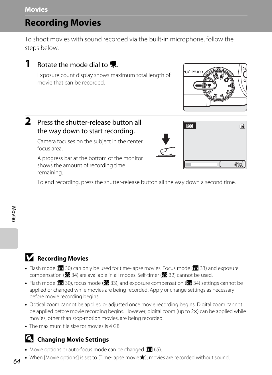 Movies, Recording movies, D movies | A 64): choose | Nikon P5100 User Manual | Page 78 / 176