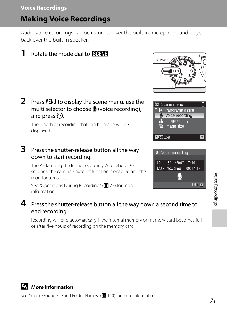 Voice recordings, Making voice recordings, E voice recordings | A 71) | Nikon P5100 User Manual | Page 85 / 176