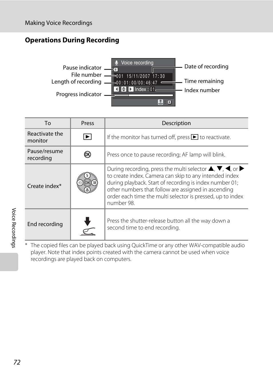 Operations during recording, A 72) for more | Nikon P5100 User Manual | Page 86 / 176
