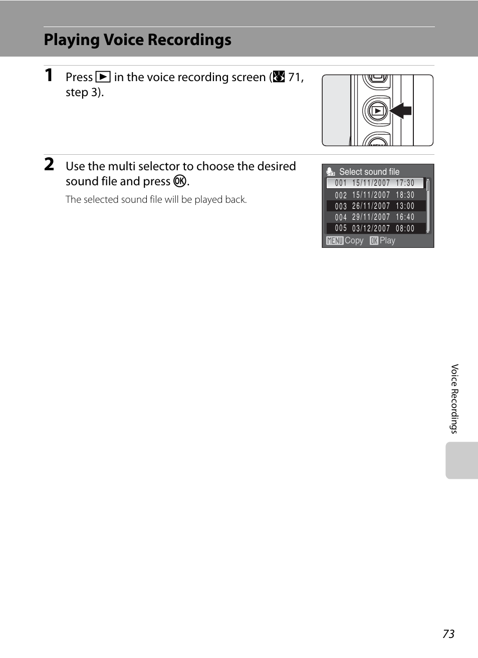 Playing voice recordings | Nikon P5100 User Manual | Page 87 / 176