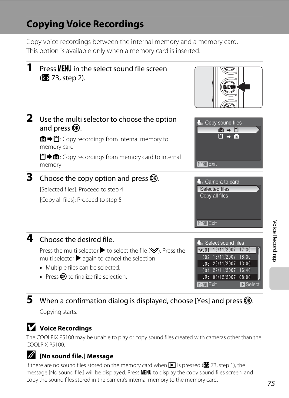 Copying voice recordings | Nikon P5100 User Manual | Page 89 / 176
