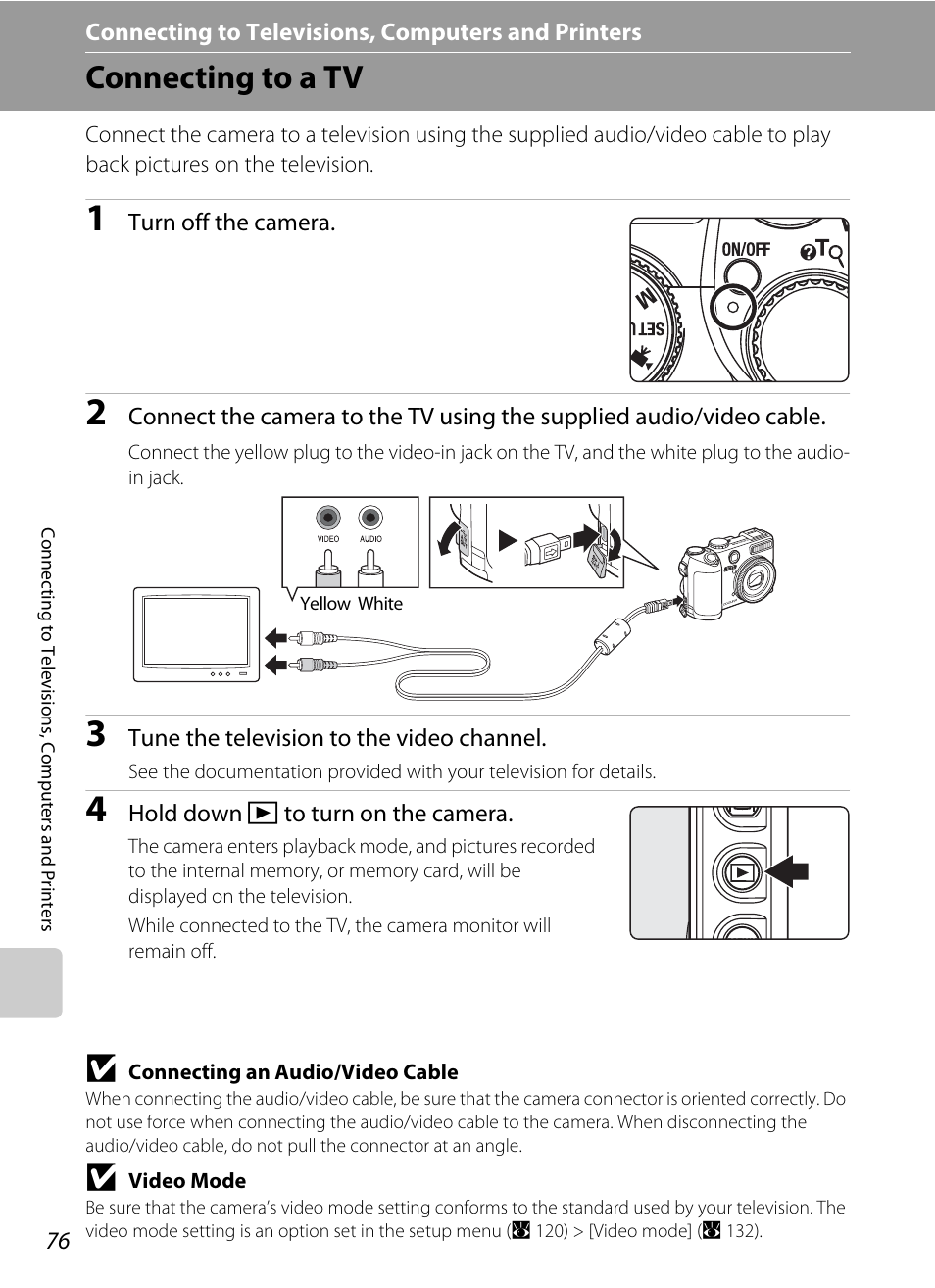 Connecting to televisions, computers and printers, Connecting to a tv | Nikon P5100 User Manual | Page 90 / 176