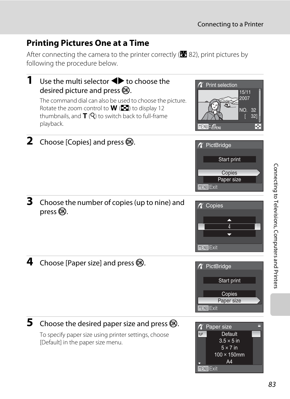 Printing pictures one at a time, A 83), Choose [copies] and press k | Choose [paper size] and press k, Choose the desired paper size and press k | Nikon P5100 User Manual | Page 97 / 176