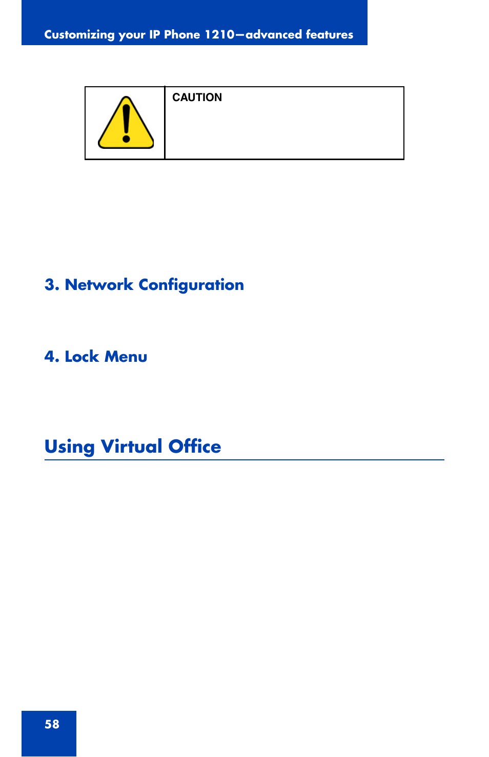 Using virtual office, Network configuration, Lock menu | Using | Nortel Networks Nortel IP Phone 1210 User Manual | Page 58 / 118