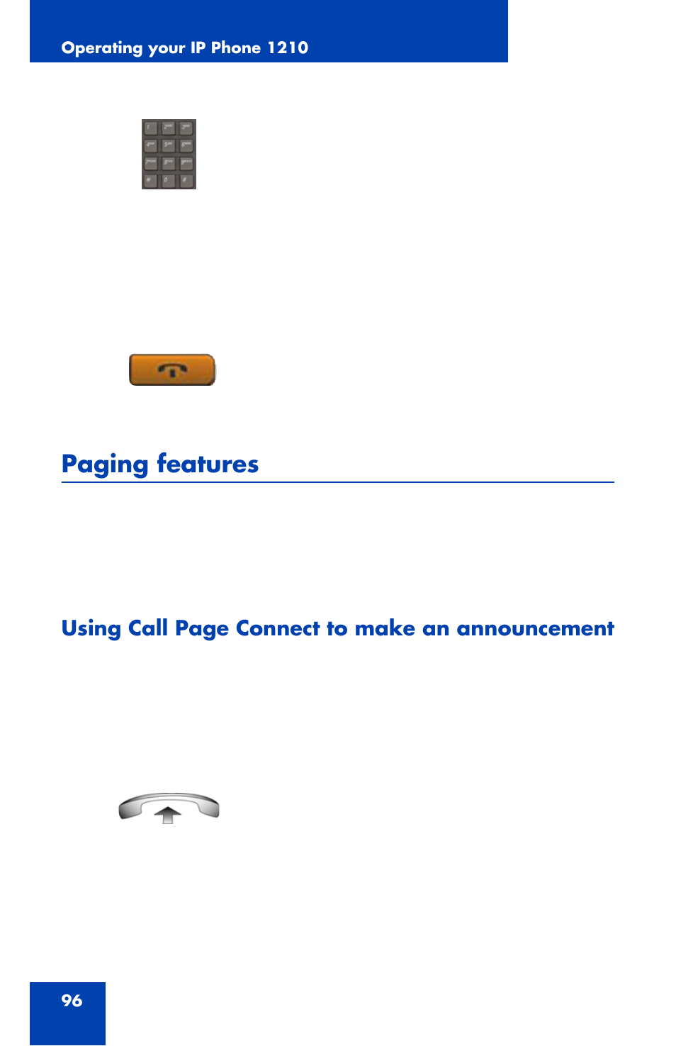 Paging features, Using call page connect to make an announcement | Nortel Networks Nortel IP Phone 1210 User Manual | Page 96 / 118