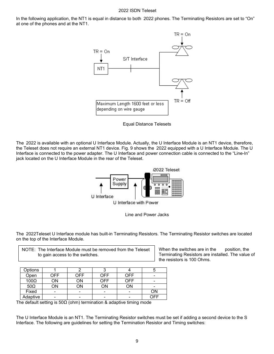 I2022 equipped with a u interface module, Terminating resistors, Igure | Qual, Istance, Elesets, Ine and, Ower, Acks | Nortel Networks i2022 Series User Manual | Page 11 / 61