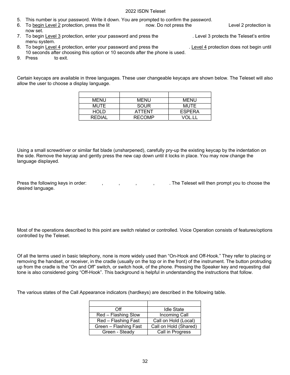 Language options, Changing the keycaps, Changing the display language | Operations, Voice operation, Terms and nomenclature, Call appearance led’s, 32 terms and nomenclature call appearance led’s | Nortel Networks i2022 Series User Manual | Page 34 / 61