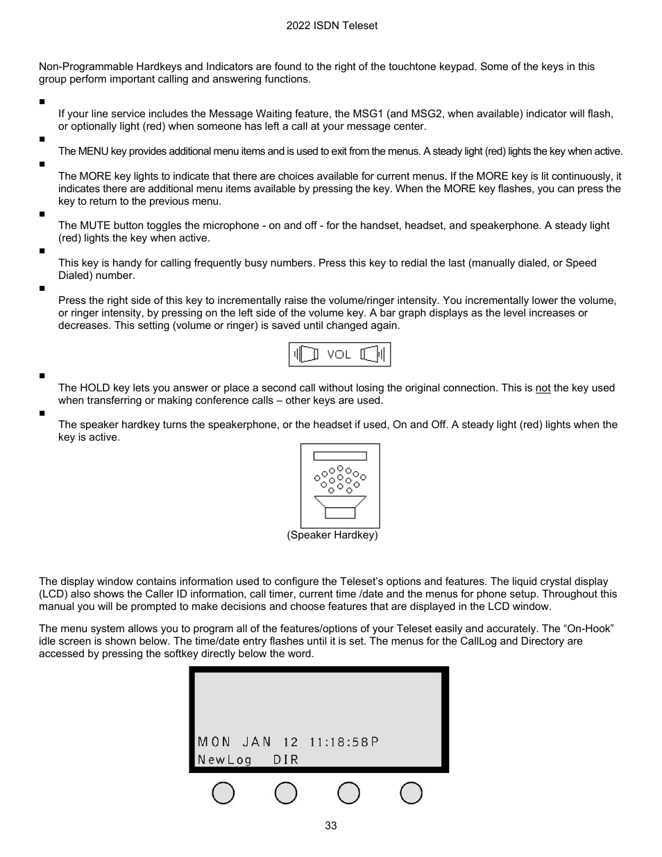 Non-programmable hardkeys and indicators, Menu, More | Mute, Redial, Volume / ringer, Hold, Speaker, The display window and menus, 33 the display window and menus | Nortel Networks i2022 Series User Manual | Page 35 / 61