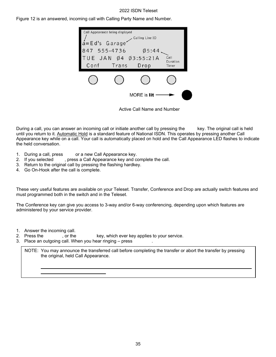 Hold key, Transfer, conference and drop, Transferring incoming calls | Igure, Ssembling the, Eleset | Nortel Networks i2022 Series User Manual | Page 37 / 61