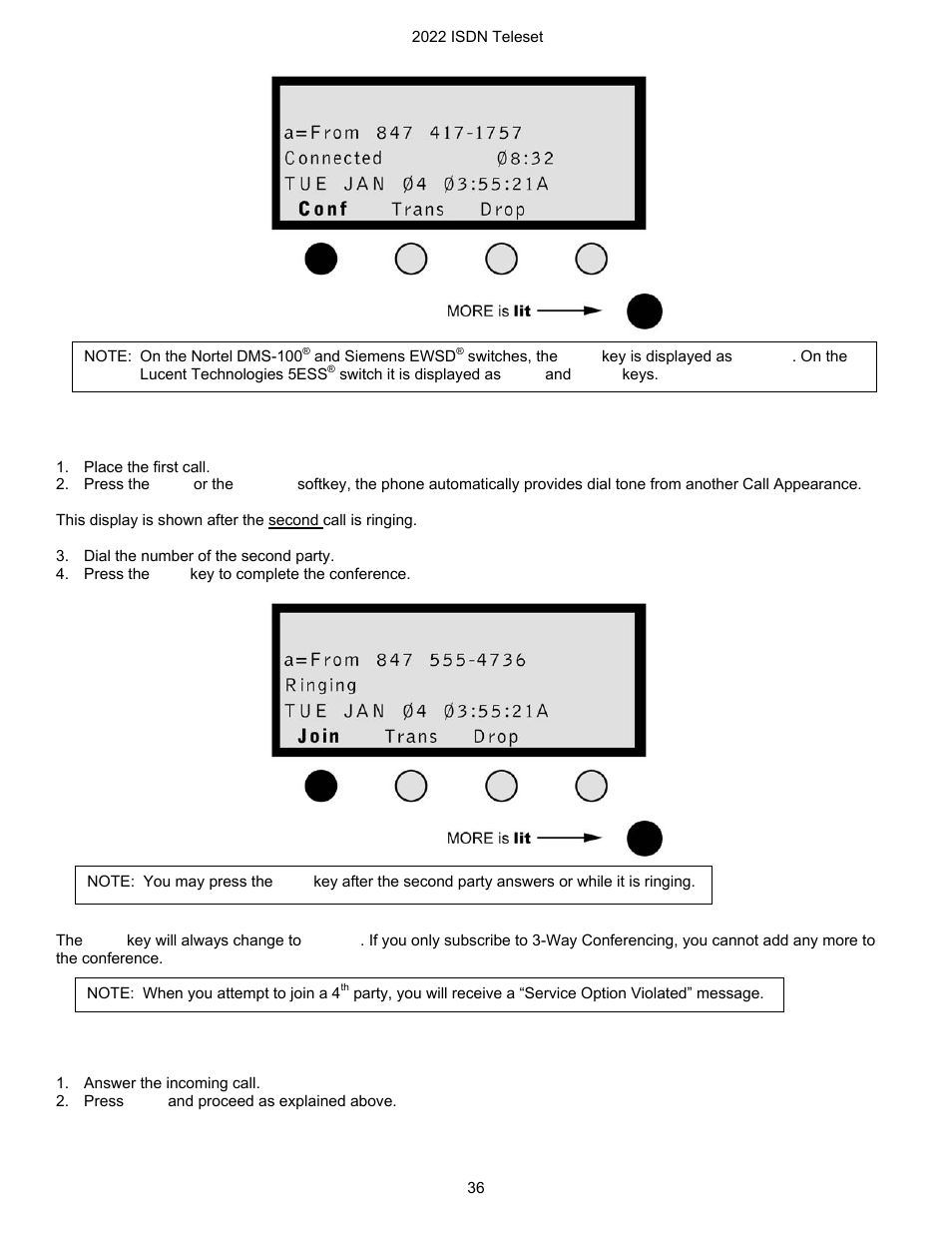 3–way conferencing, Conferencing two outgoing calls, Conferencing an incoming call to an outgoing call | Nortel Networks i2022 Series User Manual | Page 38 / 61