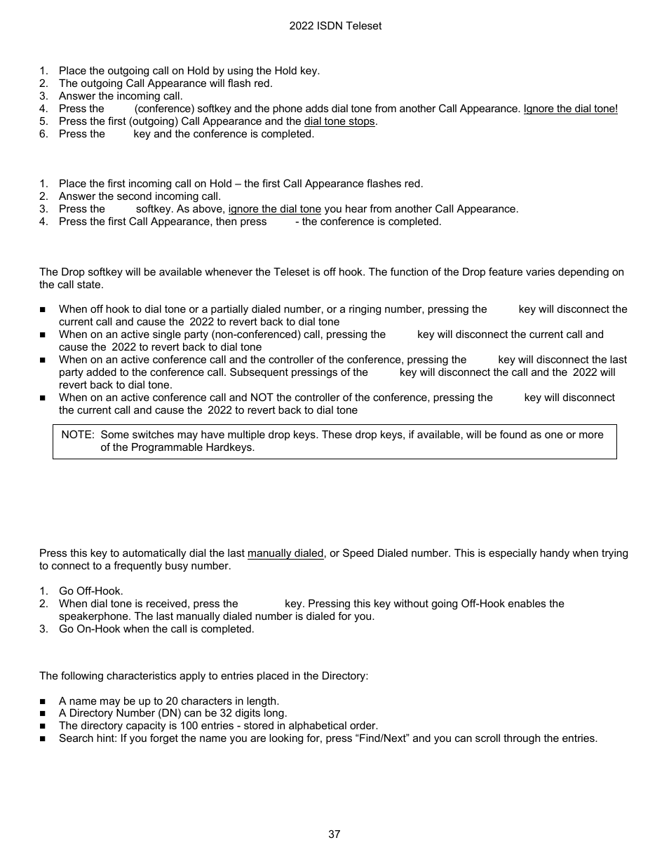 Conferencing an outgoing call to an incoming call, Conferencing two incoming calls, The drop feature | Teleset features, Redial, Directory | Nortel Networks i2022 Series User Manual | Page 39 / 61