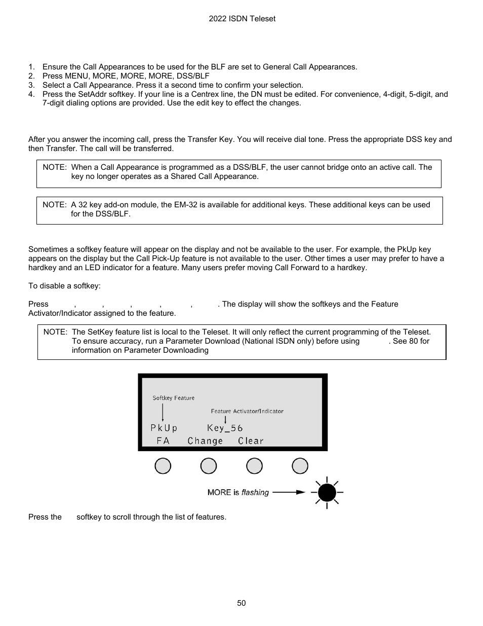 To program a dss/blf, Dss/blf operation, Disabling softkeys | 50 disabling softkeys | Nortel Networks i2022 Series User Manual | Page 52 / 61