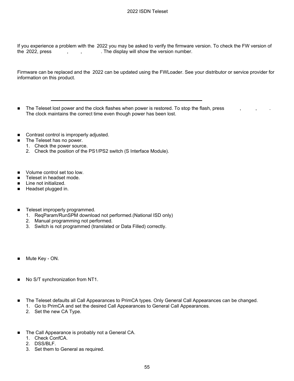 Maintaining the teleset, Checking the fw version, Loading fw | Troubleshooting problems, No display, Speakerphone does not work/no sound from speaker, Missing feature keys, No transmit from headset, receives ok, Line not ready, Can’t set dss/blf, confca, or other ca types | Nortel Networks i2022 Series User Manual | Page 57 / 61