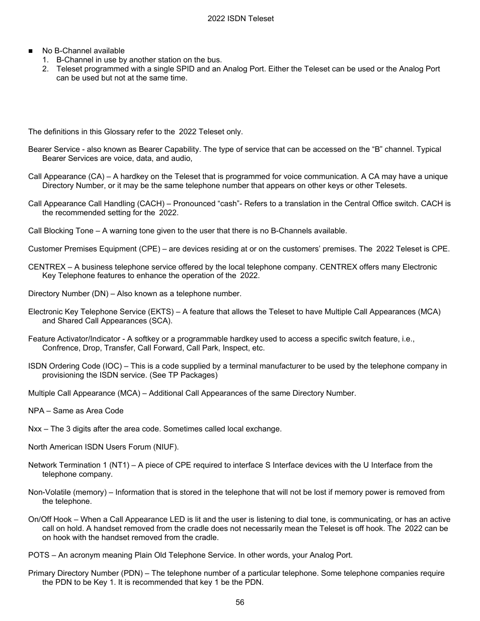 Calls blocked, Glossary | Nortel Networks i2022 Series User Manual | Page 58 / 61