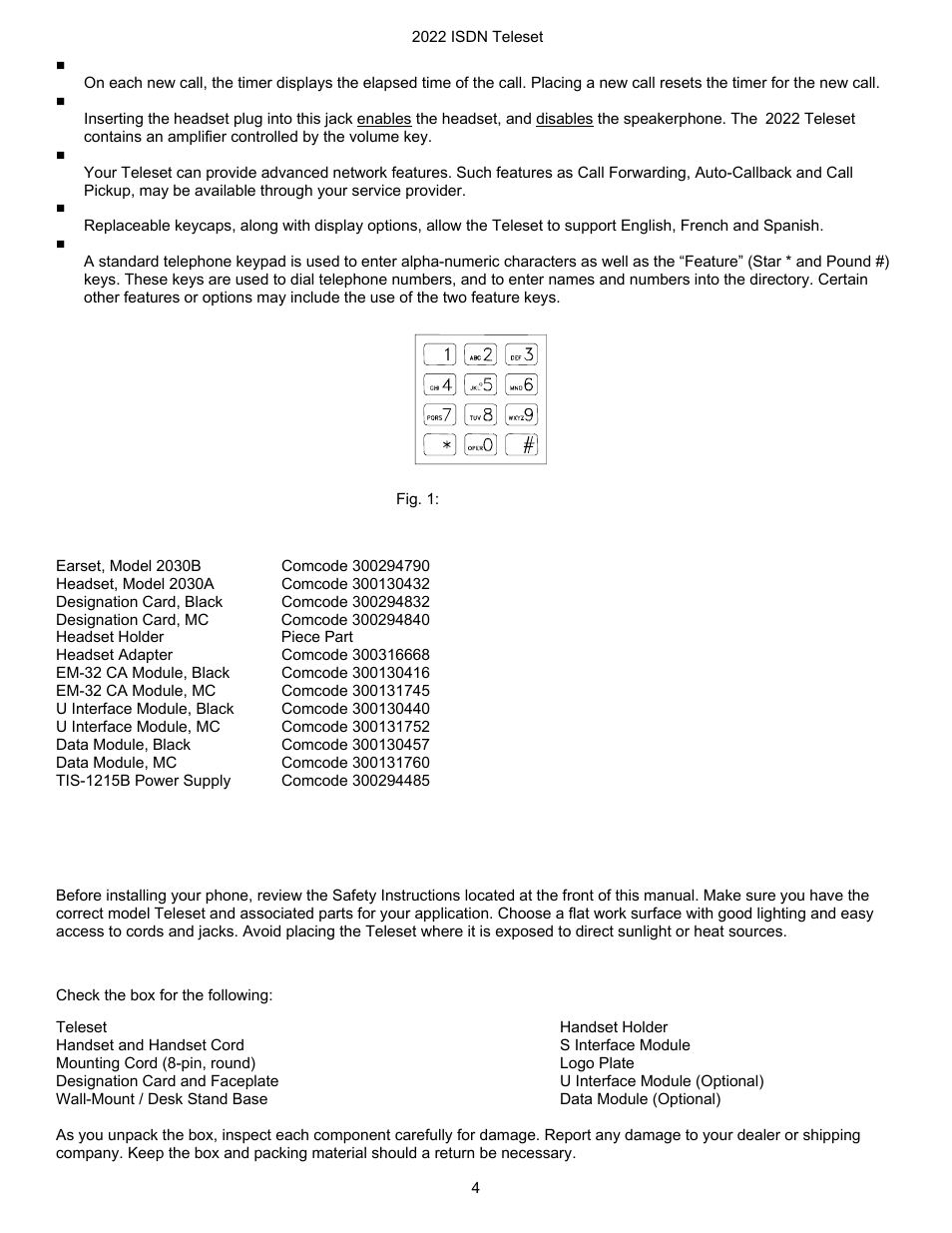 Call timer, Headset jack, Network features | Multi-language, Touchtone keypad, Accessories, Installation, Parts list | Nortel Networks i2022 Series User Manual | Page 6 / 61