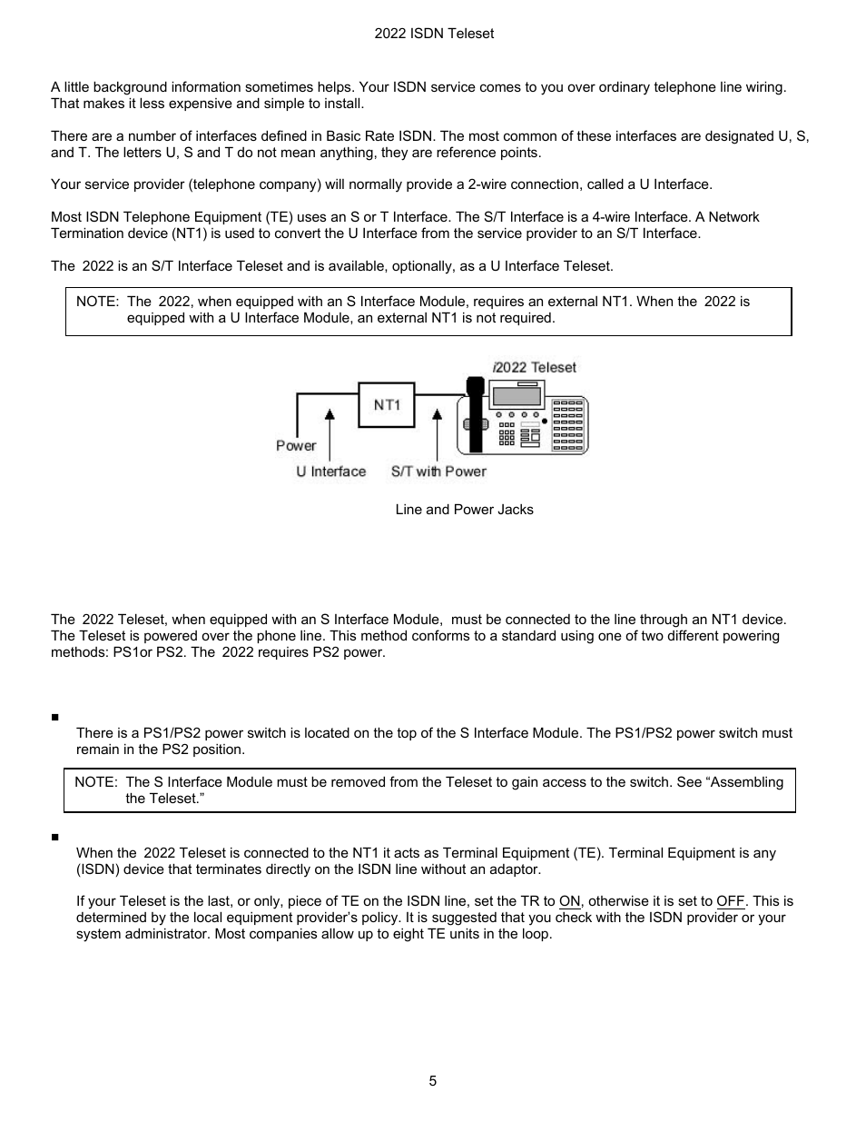 Isdn interfaces, Line and power connections – i2022 teleset, I2022 equipped with an s interface module | Switch settings, Power switch, Tr switch, Igure, Ine and, Ower, Acks | Nortel Networks i2022 Series User Manual | Page 7 / 61