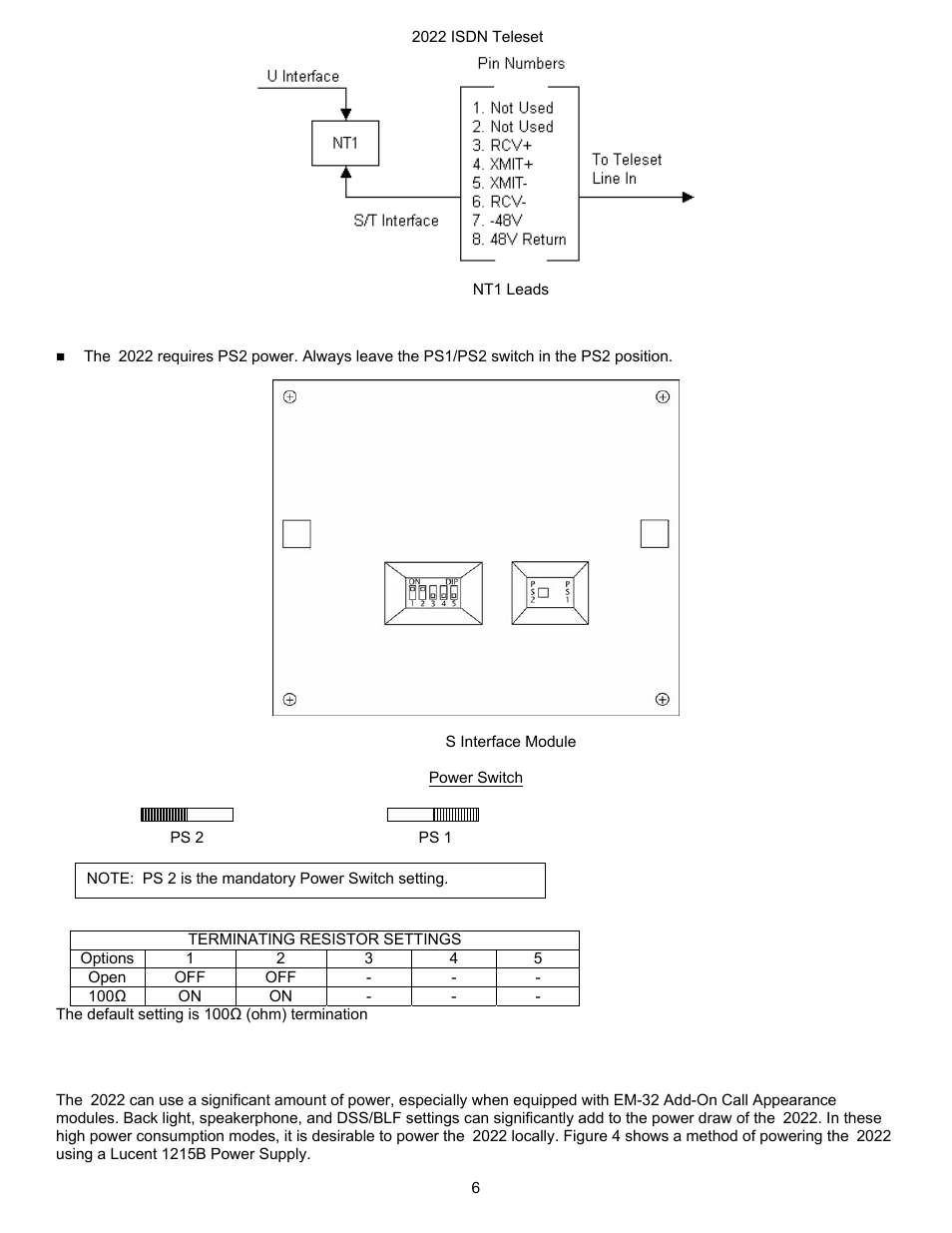 Ps1/ps2 switch settings, Powering the i2022 locally, Igure | Nt1 l, Eads, Nterface, Odule | Nortel Networks i2022 Series User Manual | Page 8 / 61