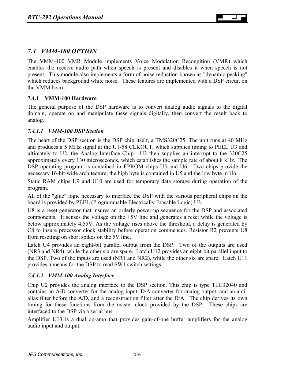 Vmm-100 option, Vmm-100 hardware, Vmm-100 dsp section | Vmm-100 analog interface, 4 vmm-100 option -6, 1 vmm-100, Hardware -6 | Nortel Networks RTU-292 User Manual | Page 100 / 116