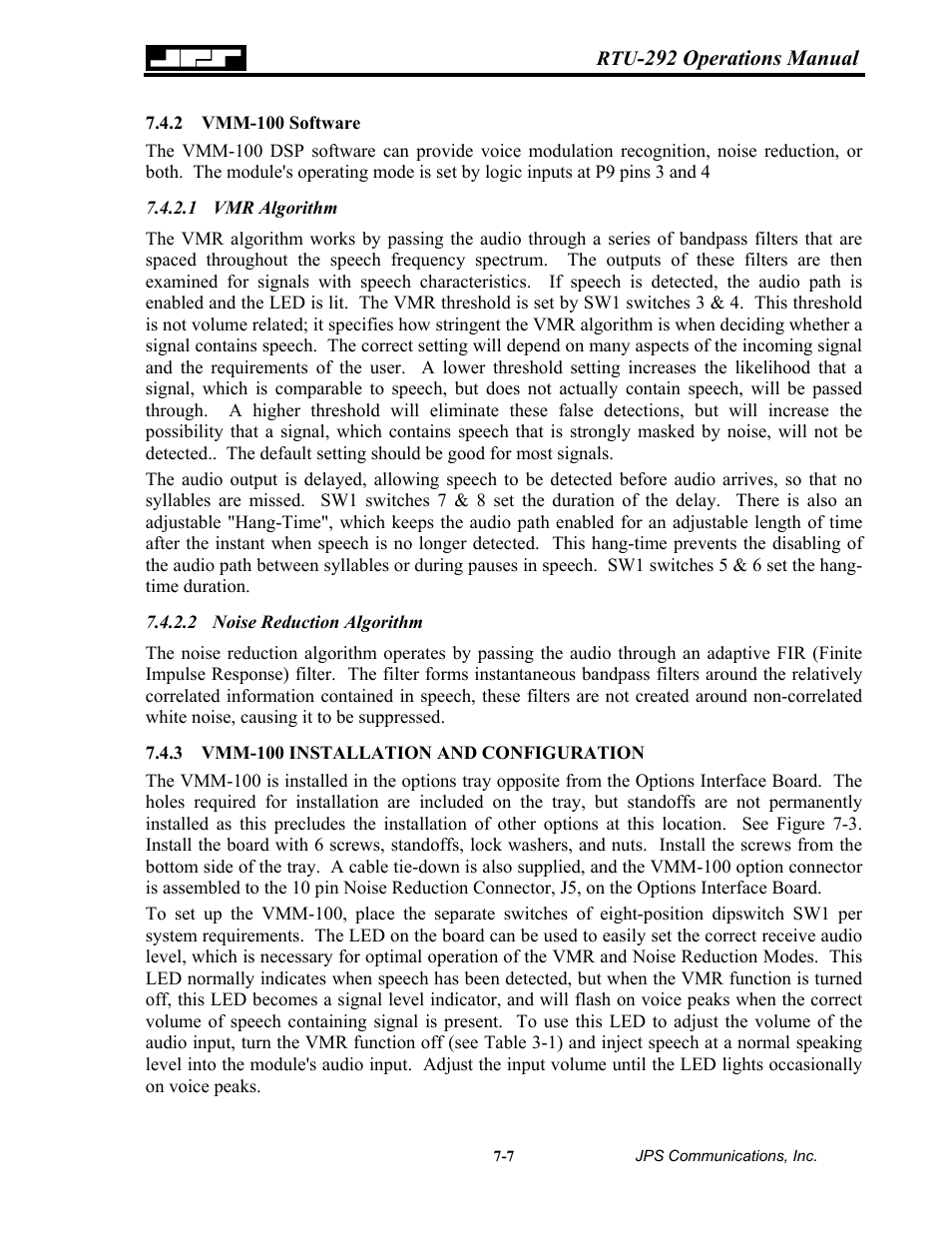 Vmm-100 software, Vmr algorithm, Noise reduction algorithm | Vmm-100 installation and configuration, 2 vmm-100, Software -7, Vmm-100 installation and configuration -7 | Nortel Networks RTU-292 User Manual | Page 101 / 116