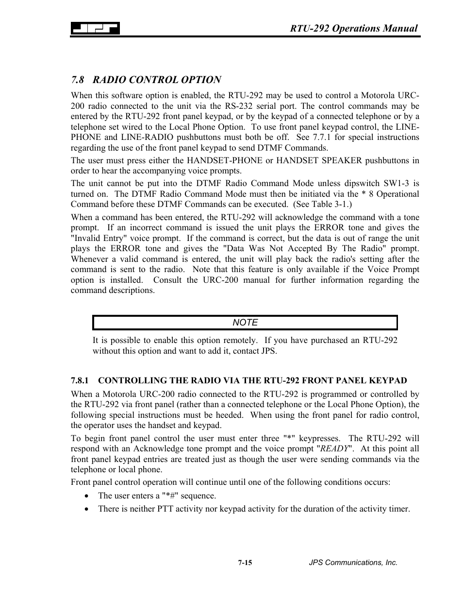 Radio control option, 8 radio, Control option -15 | Nortel Networks RTU-292 User Manual | Page 109 / 116