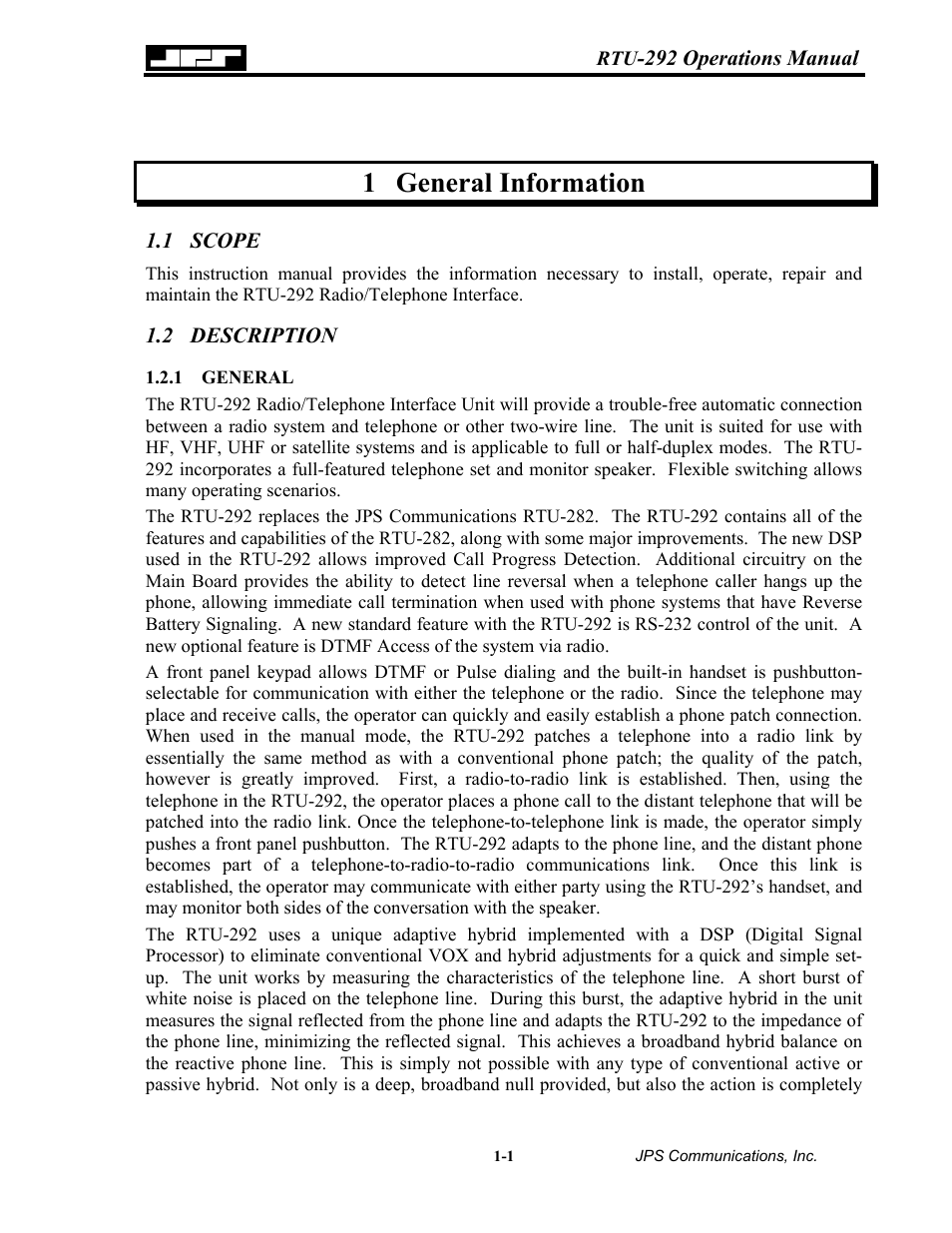 General information, Scope, Description | General, 1 general, Information -1, 1 scope -1 1.2 description -1, 1 general -1, 1 general information | Nortel Networks RTU-292 User Manual | Page 11 / 116