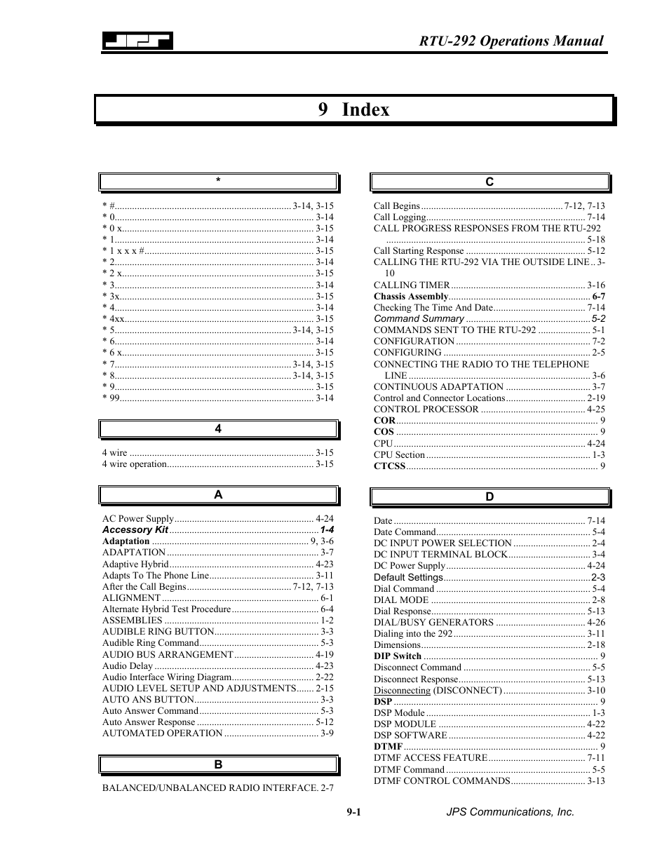 Index, 9 index -1, 9 index | 292 operations manual | Nortel Networks RTU-292 User Manual | Page 113 / 116