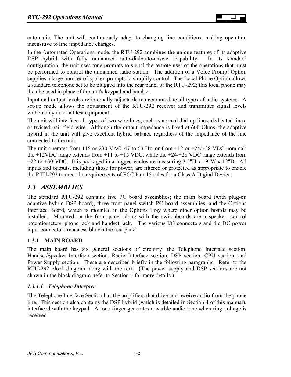 Assemblies, Main board, Telephone interface | 3 assemblies -2, 1 main, Board -2, 3 assemblies | Nortel Networks RTU-292 User Manual | Page 12 / 116