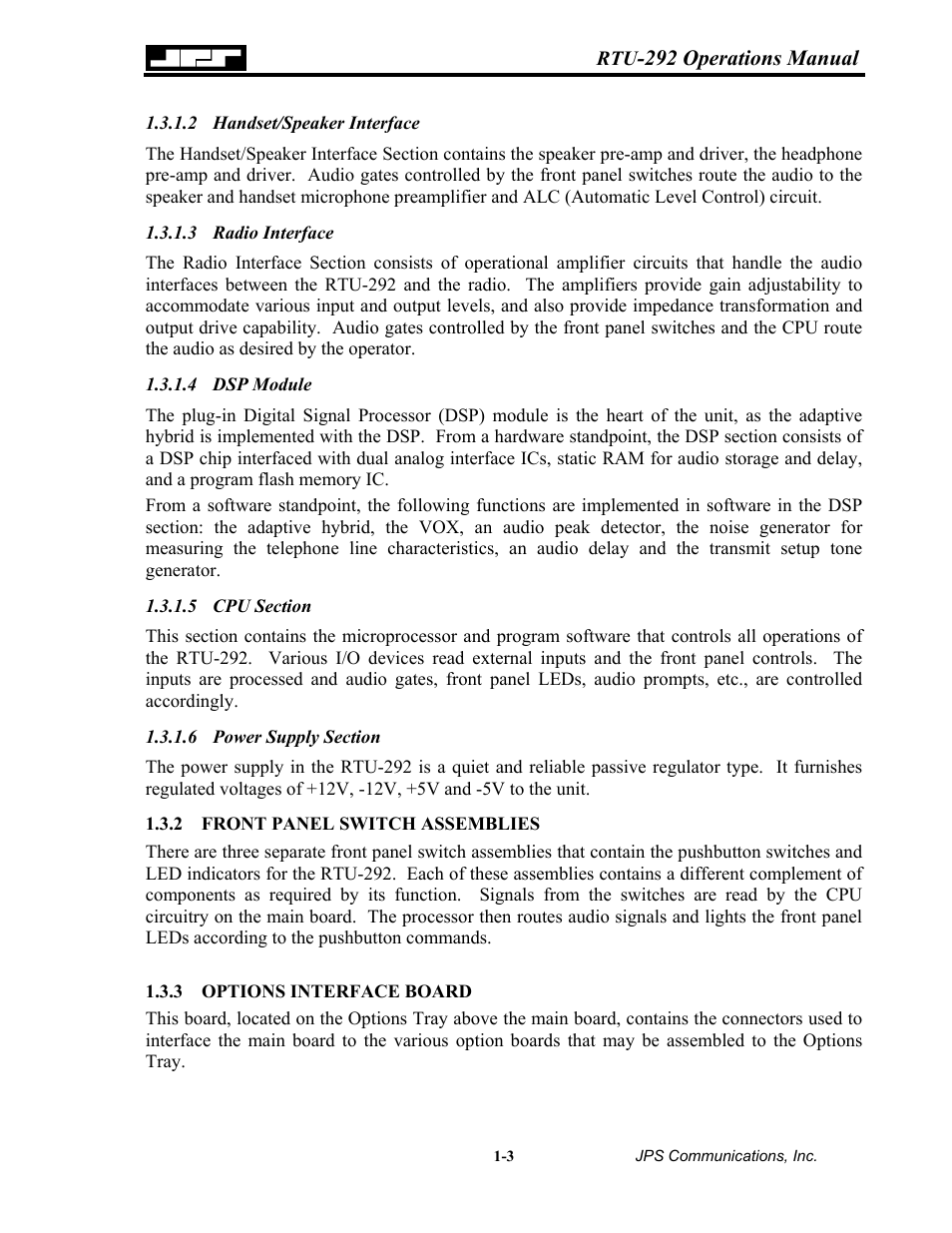 Handset/speaker interface, Radio interface, Dsp module | Cpu section, Power supply section, Front panel switch assemblies, Options interface board, Front panel switch assemblies -3, Options interface board -3 | Nortel Networks RTU-292 User Manual | Page 13 / 116