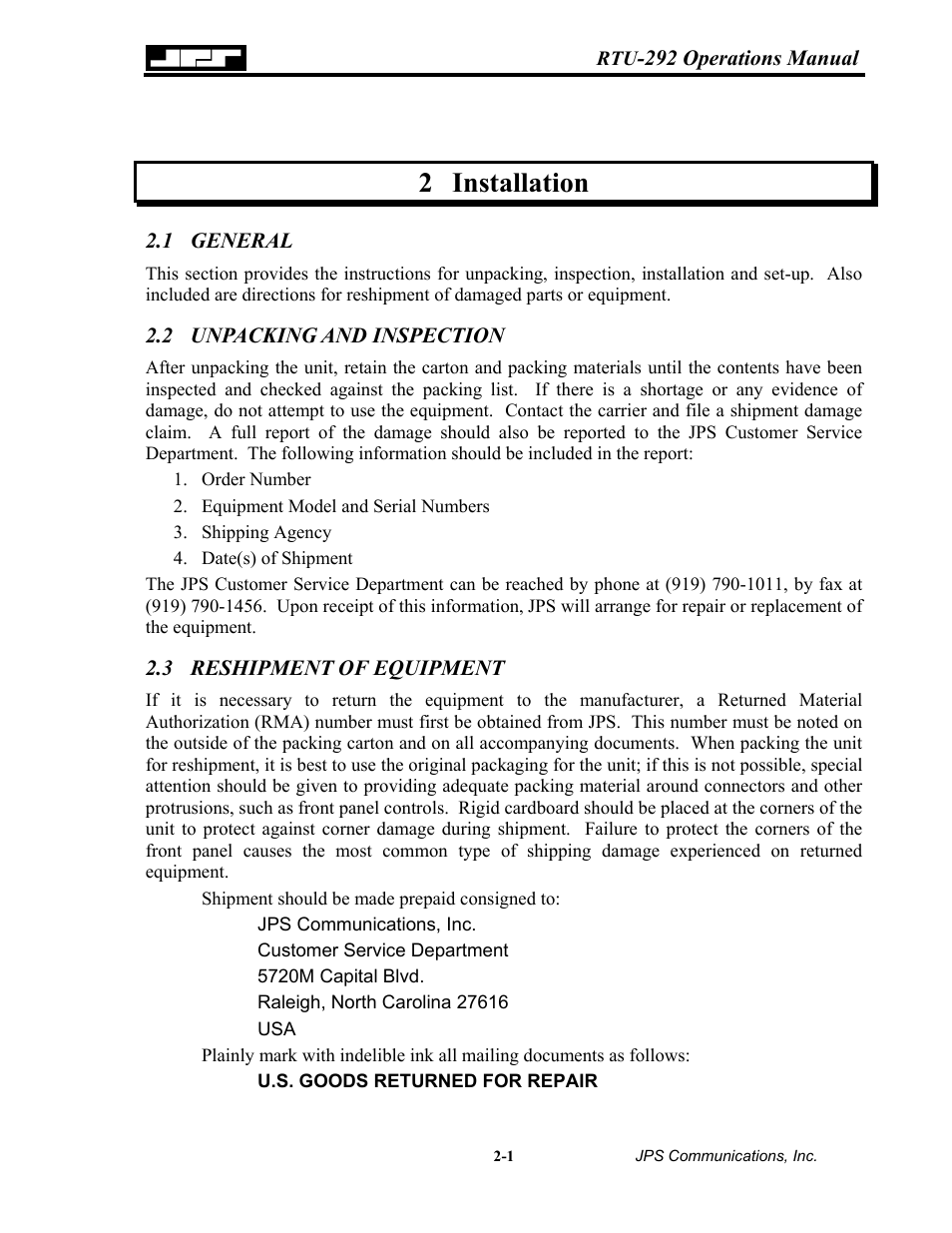Installation, General, Unpacking and inspection | Reshipment of equipment, 2 installation -1, 1 general -1 2.2, Unpacking and inspection -1, Reshipment of equipment -1, 2 installation | Nortel Networks RTU-292 User Manual | Page 17 / 116