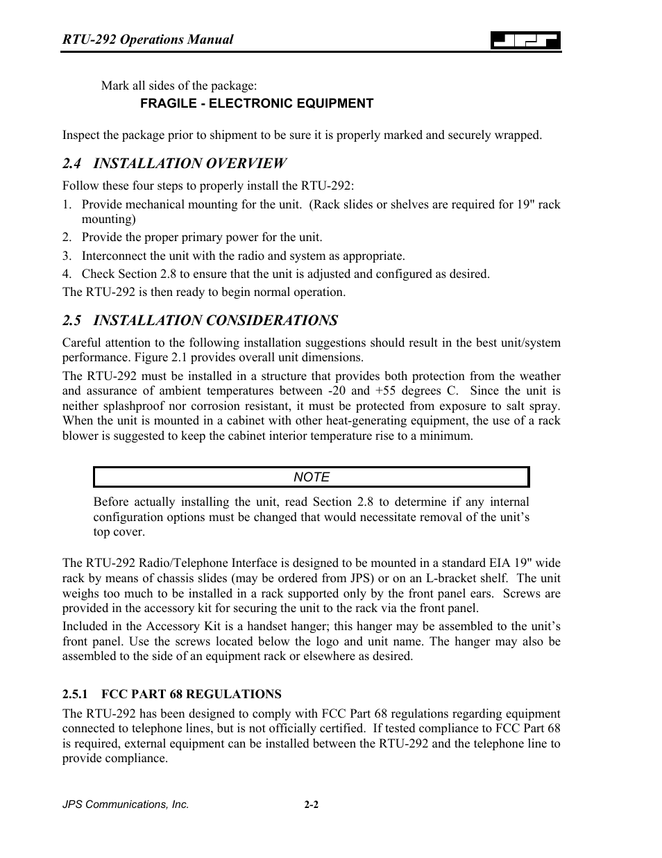 Installation overview, Installation considerations, Fcc part 68 regulations | 4 installation, Overview -2, 5 installation, Considerations -2, 1 fcc, Part, 68 regulations -2 | Nortel Networks RTU-292 User Manual | Page 18 / 116