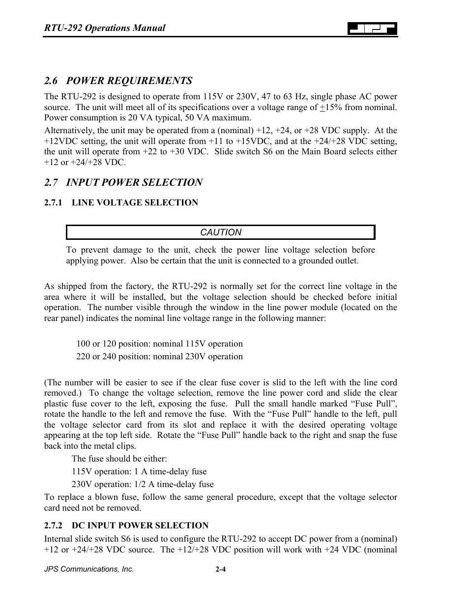 Power requirements, Input power selection, Line voltage selection | Dc input power selection, 6 power, Requirements -4, 7 input, Power selection -4, 1 line, Voltage | Nortel Networks RTU-292 User Manual | Page 20 / 116