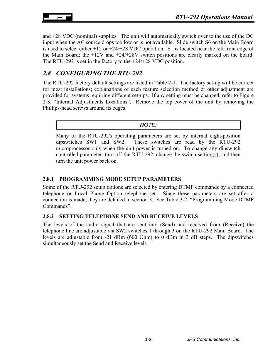 Configuring the rtu-292, Programming mode setup parameters, Setting telephone send and receive levels | 8 configuring the rtu-292 -5, 1 programming, Mode, Setup parameters -5, Setting telephone send and receive levels -5 | Nortel Networks RTU-292 User Manual | Page 21 / 116