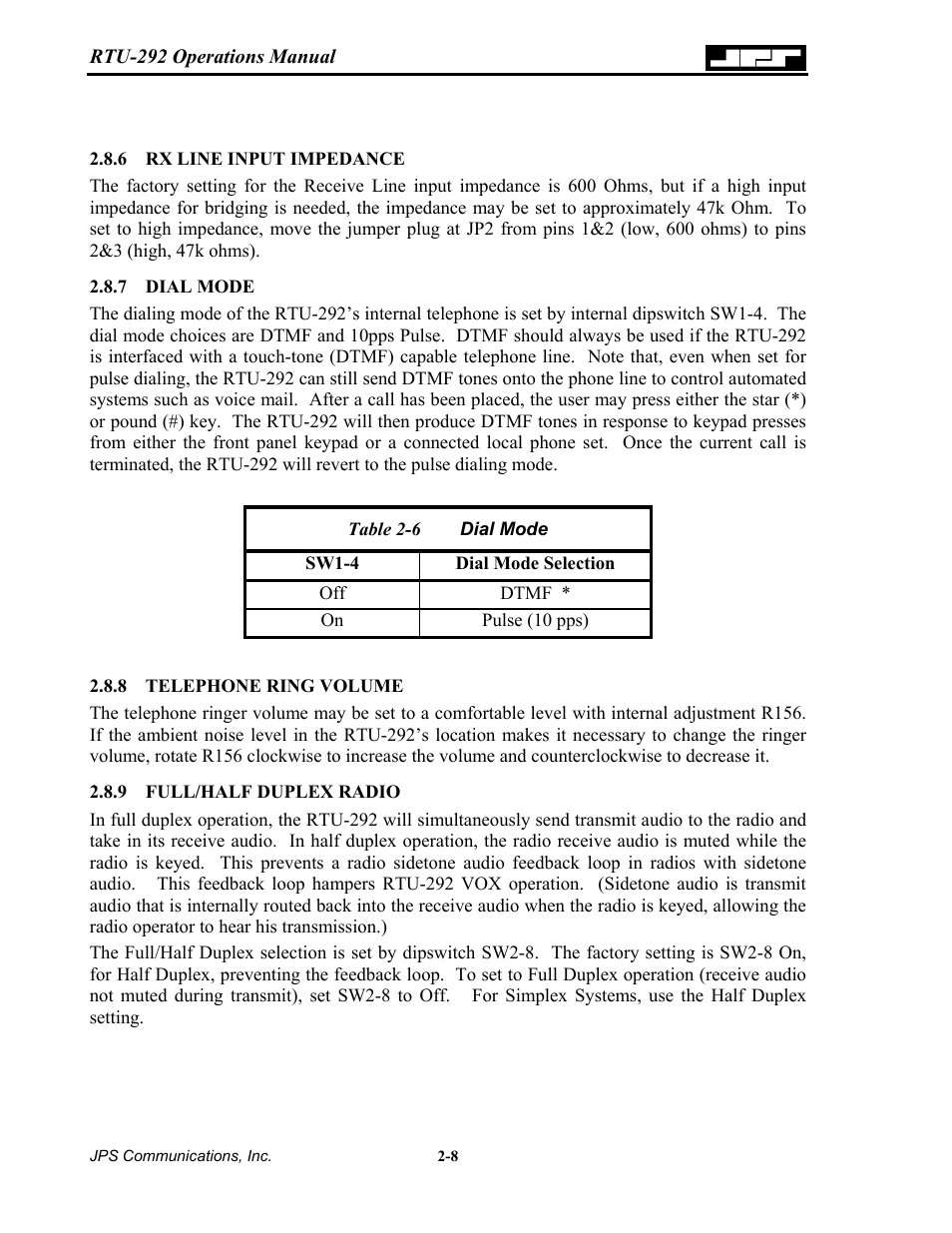 Rx line input impedance, Dial mode, Telephone ring volume | Full/half duplex radio, Rx line input impedance -8, 7 dial, Mode -8, Telephone ring volume -8, 9 full/half, Duplex | Nortel Networks RTU-292 User Manual | Page 24 / 116