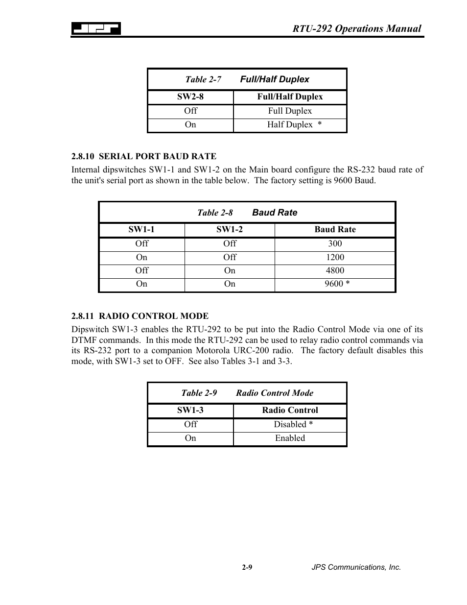 Serial port baud rate, Radio control mode, Serial port baud rate -9 | 11 radio, Control mode -9, Able, Uplex, Adio, Ontrol | Nortel Networks RTU-292 User Manual | Page 25 / 116