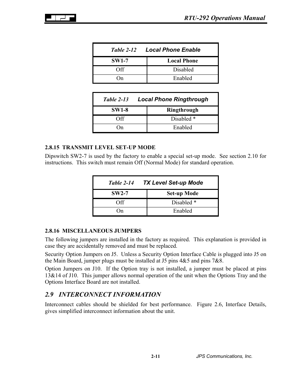 Transmit level set-up mode, Miscellaneous jumpers, Interconnect information | Transmit level set-up mode -11, 16 miscellaneous, Jumpers -11, 9 interconnect, Information -11, Able, Ocal | Nortel Networks RTU-292 User Manual | Page 27 / 116