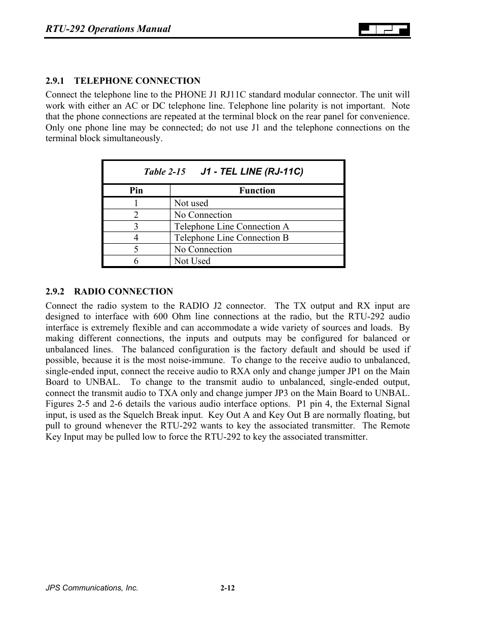Telephone connection, Radio connection, 1 telephone | Connection -12, 2 radio, Able, J1 - tel line (rj-11c) -12 | Nortel Networks RTU-292 User Manual | Page 28 / 116