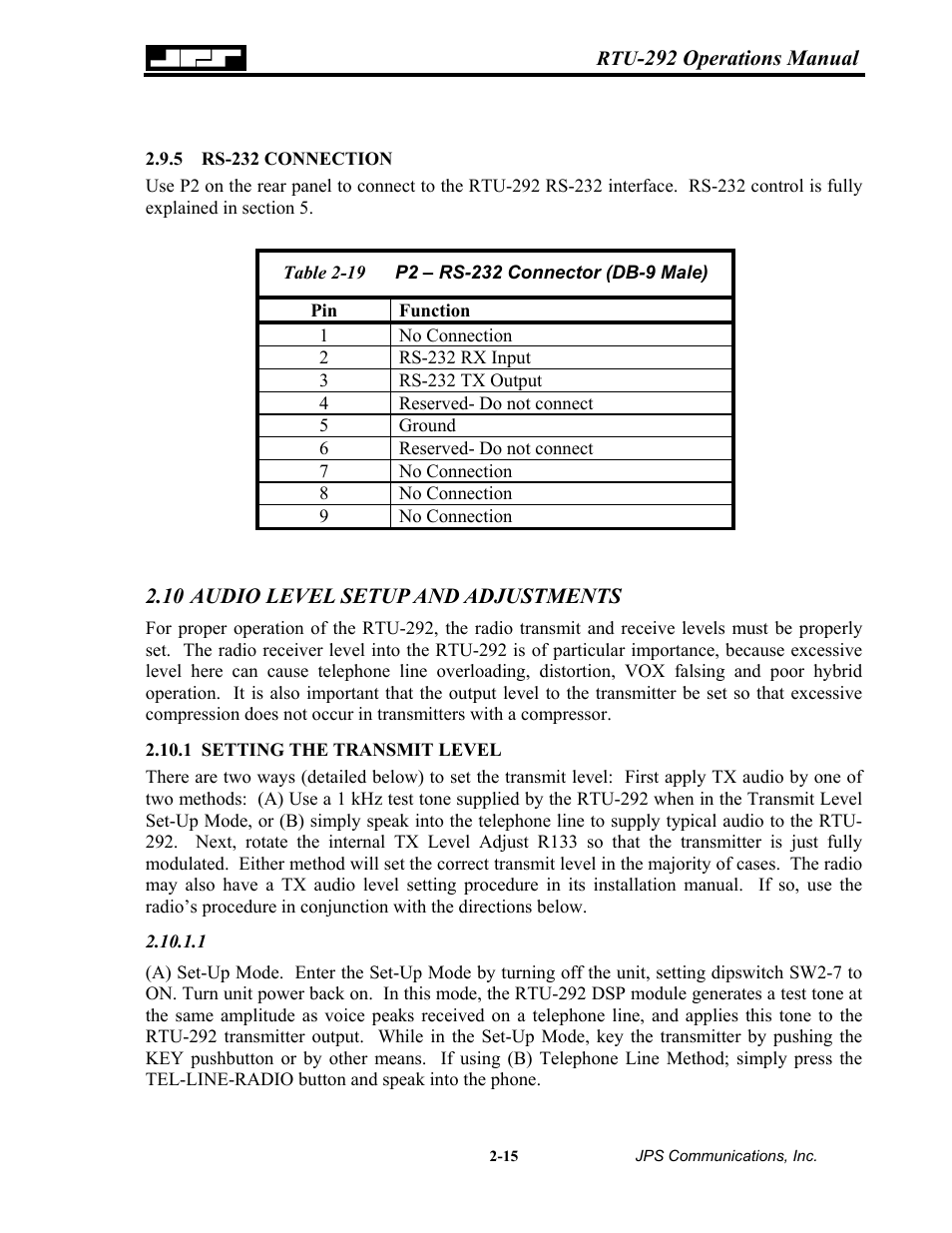 Rs-232 connection, Audio level setup and adjustments, Setting the transmit level | 5 rs-232, Connection -15, 10 audio level setup and adjustments -15, 1 setting, Transmit level -15, Able, P2 – rs-232 c | Nortel Networks RTU-292 User Manual | Page 31 / 116