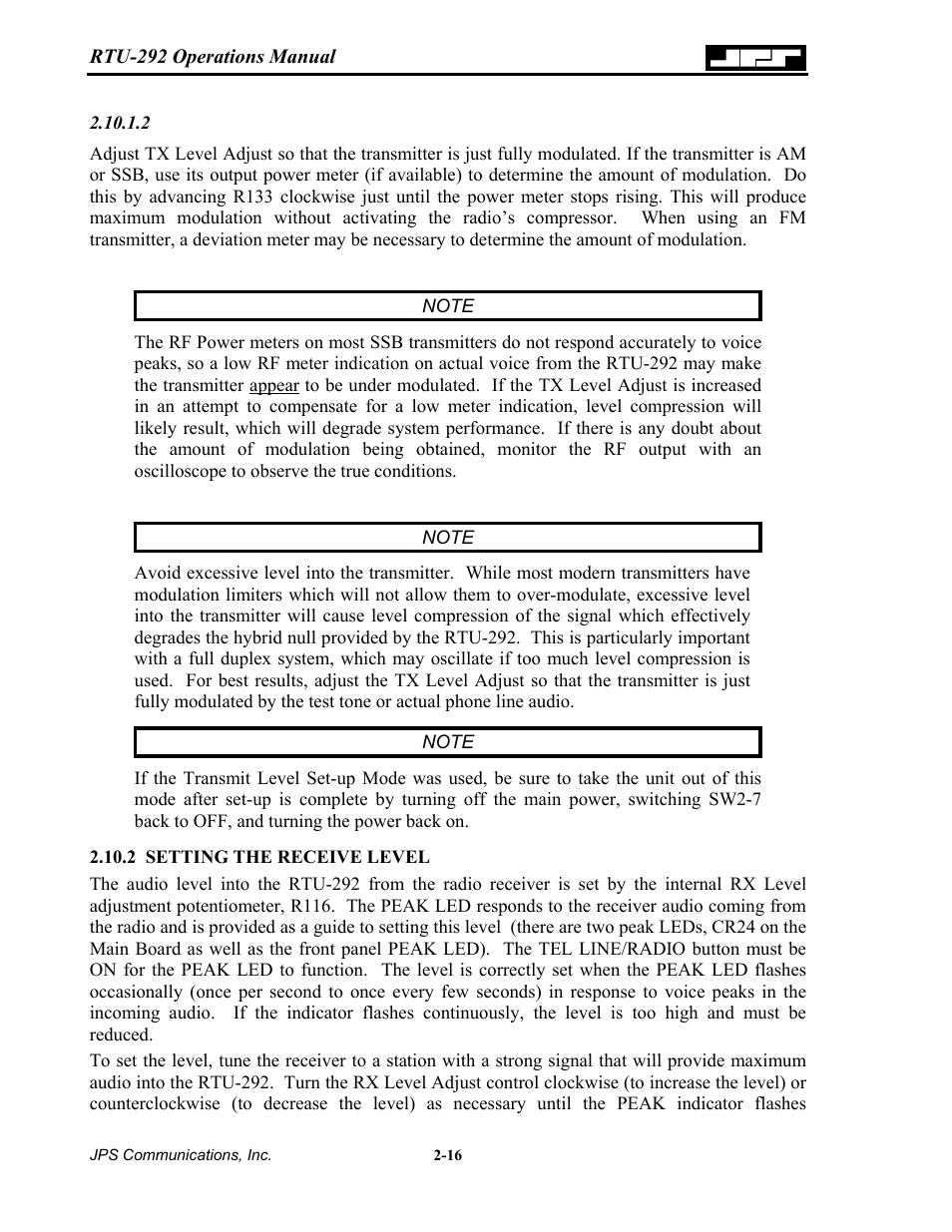 Setting the receive level, 2 setting, Receive level -16 | Nortel Networks RTU-292 User Manual | Page 32 / 116