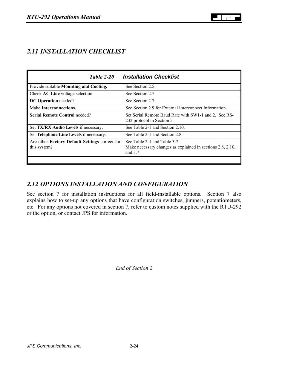 Installation checklist, Options installation and configuration, 11 installation | Checklist -24, 12 options installation and configuration -24, Able, Nstallation, Hecklist, 11 installation checklist, 12 options installation and configuration | Nortel Networks RTU-292 User Manual | Page 40 / 116