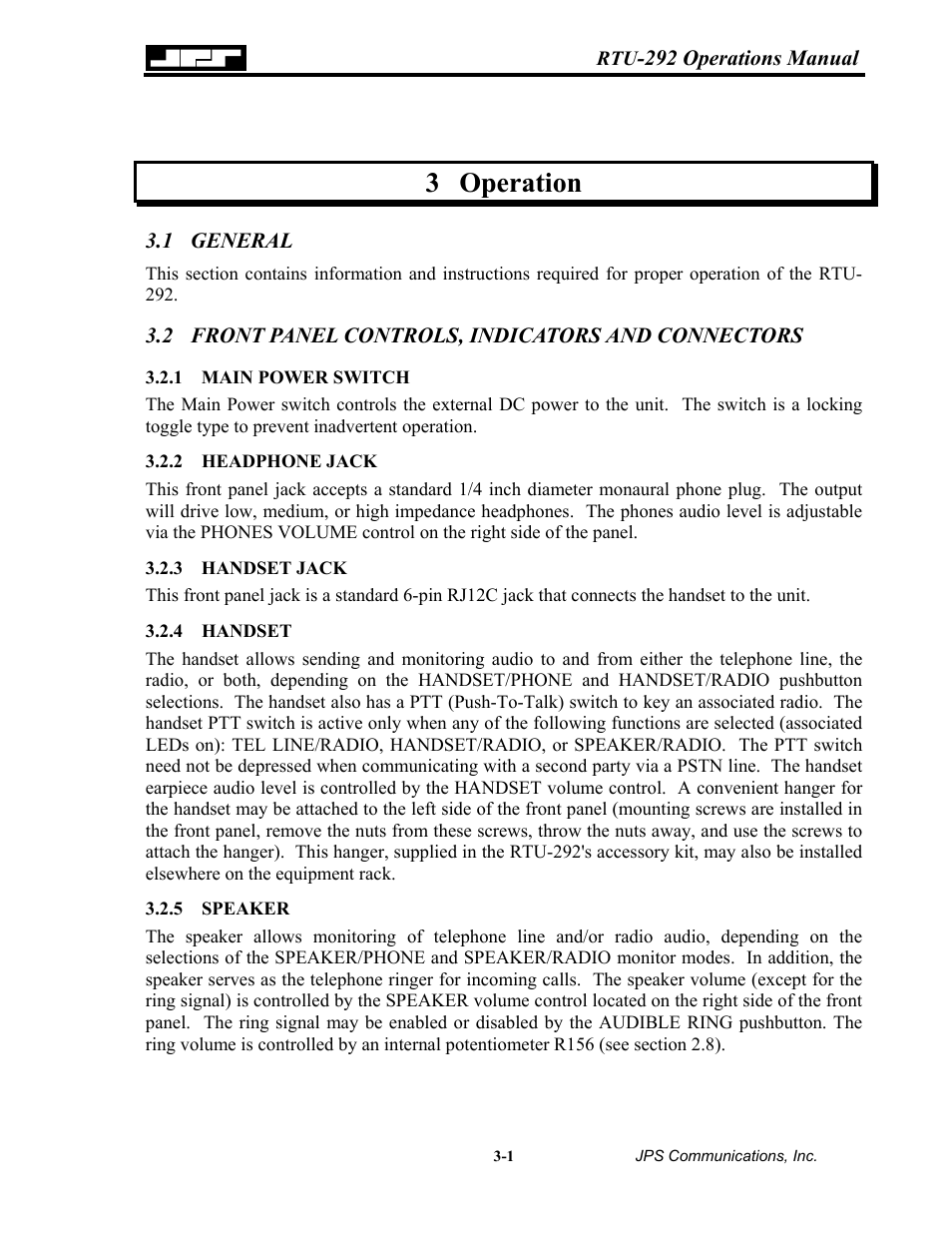 Operation, General, Front panel controls, indicators and connectors | Main power switch, Headphone jack, Handset jack, Handset, Speaker, 3 operation -1, 1 general -1 3.2 | Nortel Networks RTU-292 User Manual | Page 41 / 116