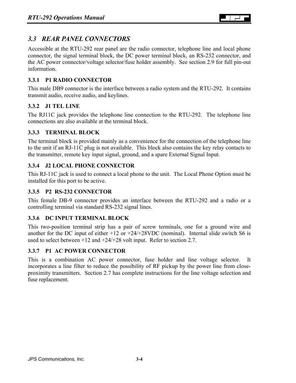 Rear panel connectors, P1 radio connector, J1 tel line | Terminal block, J2 local phone connector, P2 rs-232 connector, Dc input terminal block, P1 ac power connector, 3 rear, Panel connectors -4 | Nortel Networks RTU-292 User Manual | Page 44 / 116