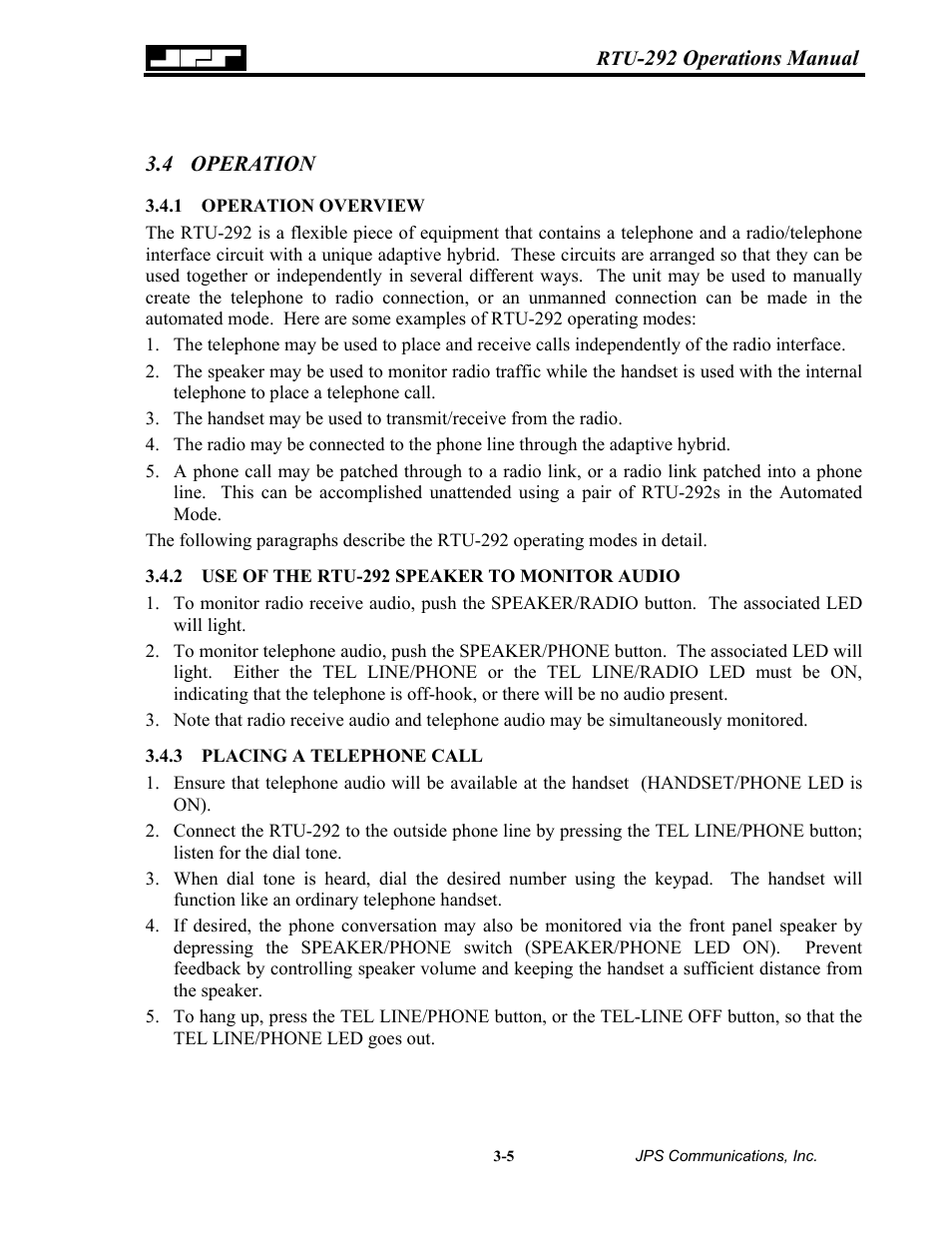 Operation, Operation overview, Use of the rtu-292 speaker to monitor audio | Placing a telephone call, 4 operation -5, 1 operation, Overview -5, Use of the rtu-292 speaker to monitor audio -5, Placing a telephone call -5 | Nortel Networks RTU-292 User Manual | Page 45 / 116